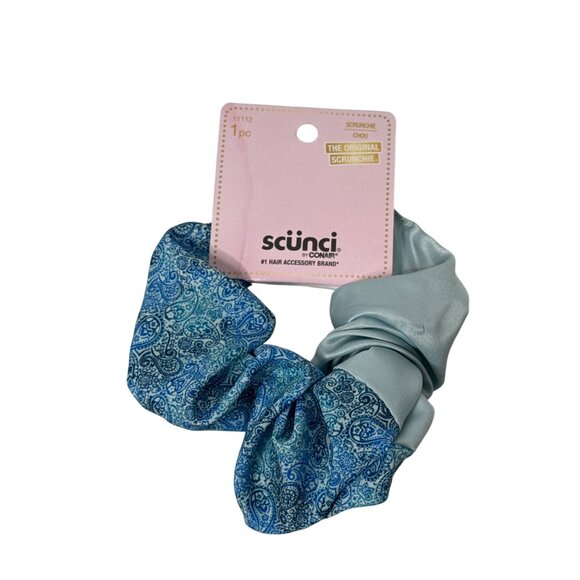 Scunci Blue Paisley Satin Hair Scrunchie Ponytail Holder - Picture 1 of 3